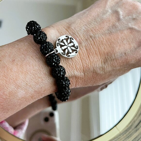 Rustic Cuff Metal Stainless Steel Shambala Beaded Stretch Bracelet Black - Picture 3 of 3